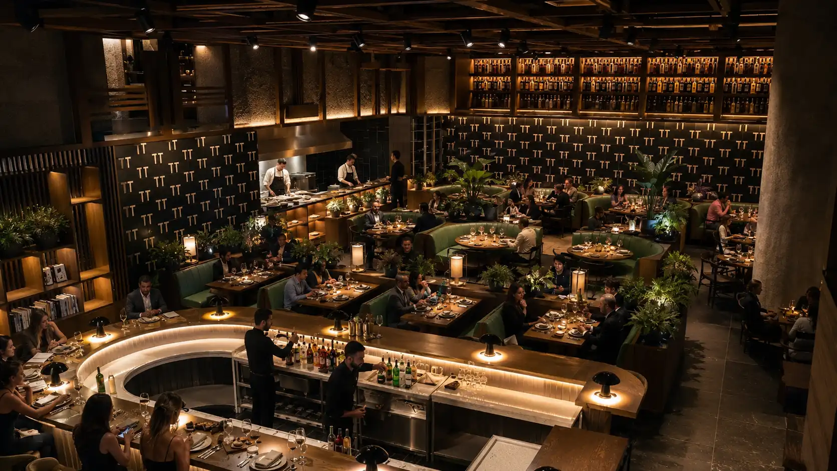 Interior del restaurante con barra central y salón